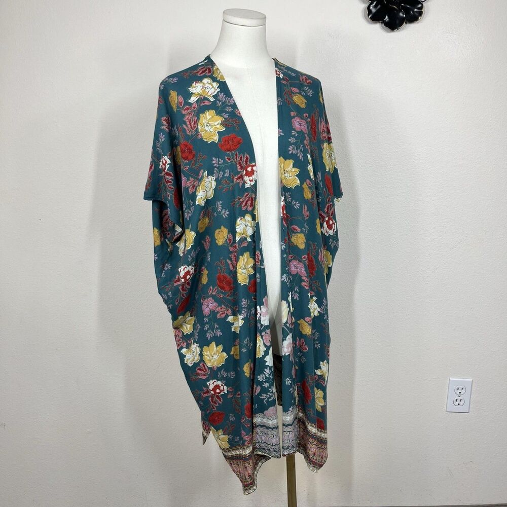 Angie Kimono Top Womens One Size Green Floral Boho Lightweight Open Beach